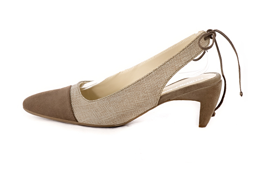 Women's chocolate brown and natural beige elegant slingback heels. Round toe. Medium comma heels - Profile view
